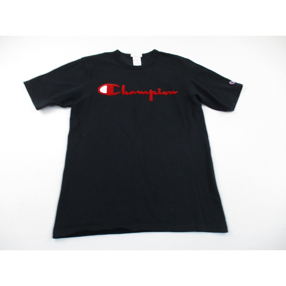 Champion T-Shirt Mens Medium Black Red Chenille Script Logo GT19 BKC